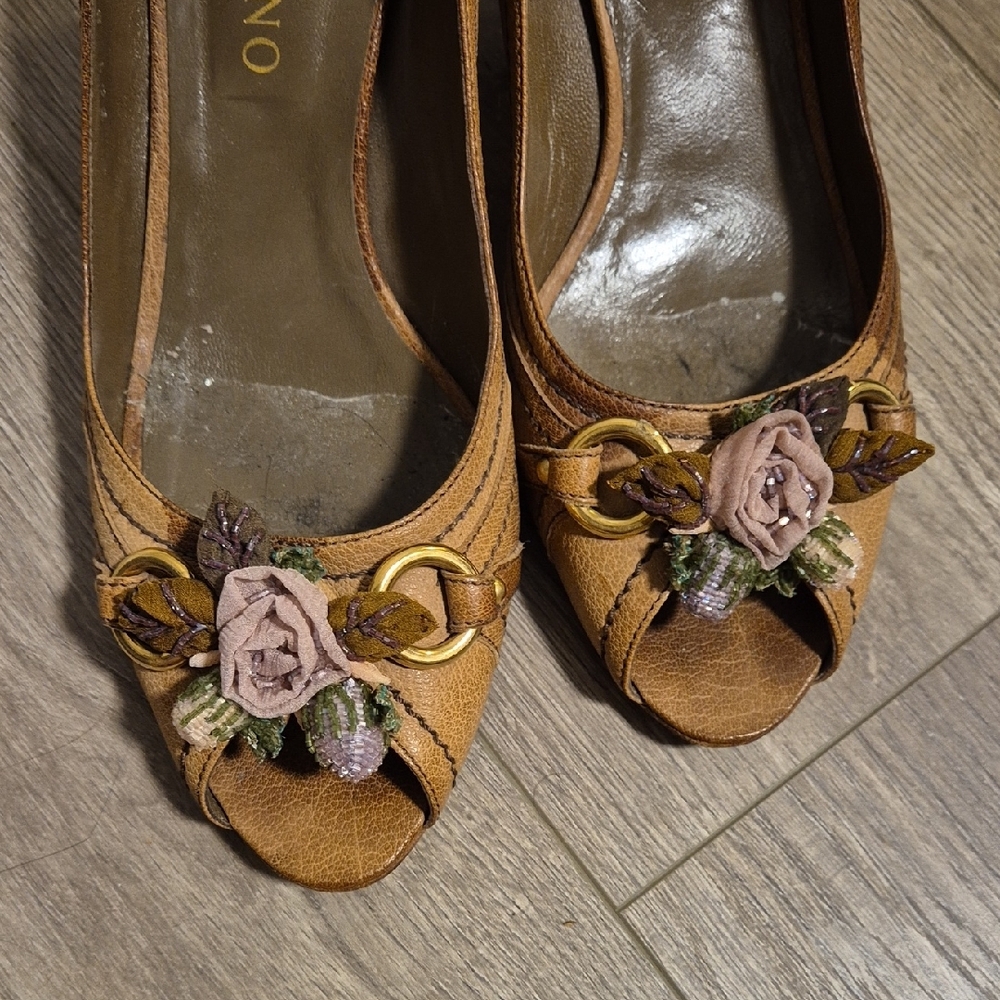 Valentino Women's Brown Floral Peep-Toe Heels